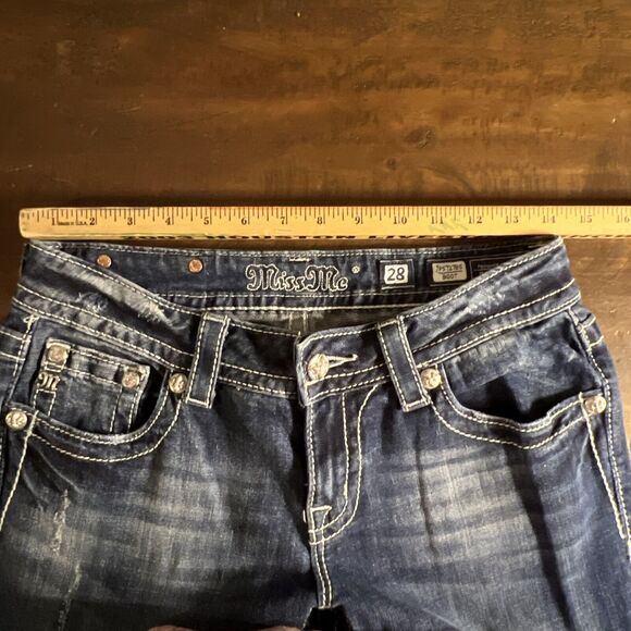 MISS ME WOMENS JEANS SZ 28 MID RISE BOOTCUT JP5727B5 LOVE PEACE DISTRESSED - Picture 9 of 10